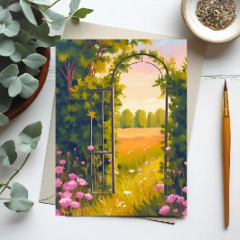 ピンクの花の植物画の水彩画の庭の門 ポストカード