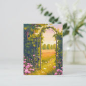 ピンクの花の植物画の水彩画の庭の門 ポストカード (スタンド正面)