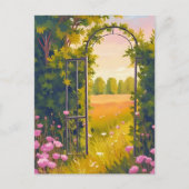 ピンクの花の植物画の水彩画の庭の門 ポストカード (正面)