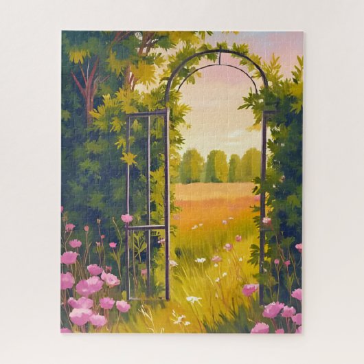 ピンクの花の植物画 水彩画の庭の門 ジグソーパズル (縦)