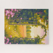 ピンクの花の植物画 水彩画の庭の門 ジグソーパズル (横)