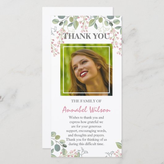 ピンクの花の死別の水の色の写真葬儀 サンキューカード (正面/裏面)