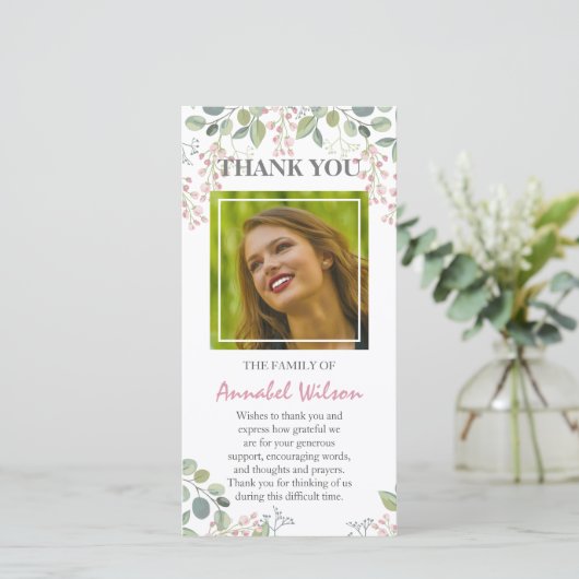 ピンクの花の死別の水の色の写真葬儀 サンキューカード (スタンド正面)