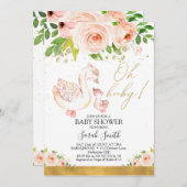 ピンクの花の母ガモと子ガモのベビーシャワー 招待状 (正面/裏面)
