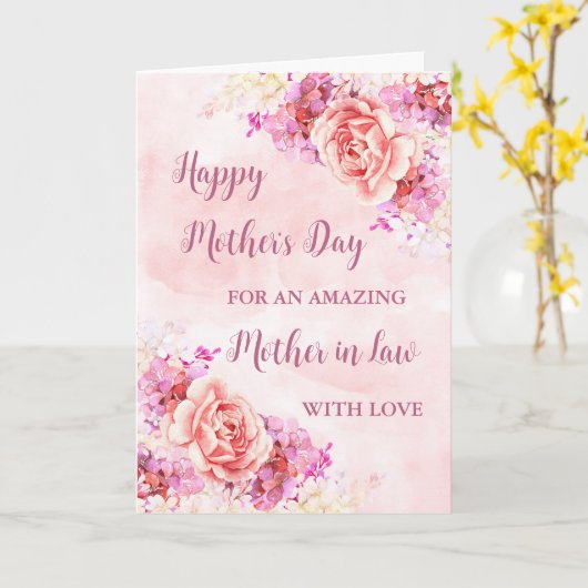 ピンクの花の母in法律ハッピーマザーズデイカード カード (黄色い花)