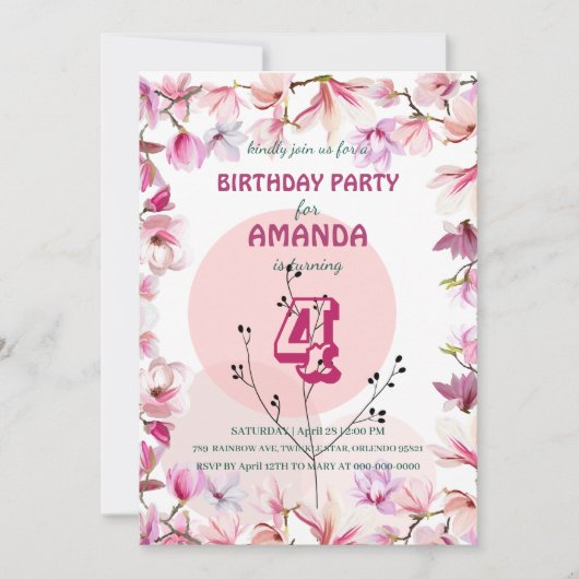 ピンクの花の水の色のグラデーションフローラ誕生日パー 招待状 (正面)