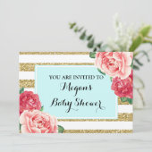 ピンクの花の水の金ゴールドのストライプなベビーシャワー 招待状 (スタンド正面)