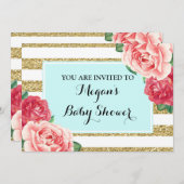 ピンクの花の水の金ゴールドのストライプなベビーシャワー 招待状 (正面/裏面)