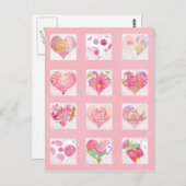 ピンクの花の水カラーハートコラージュバラ猫 ポストカード (正面/裏面)