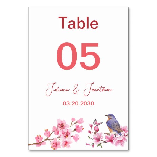 ピンクの花の水フェミニン色結婚の テーブルナンバー (正面)