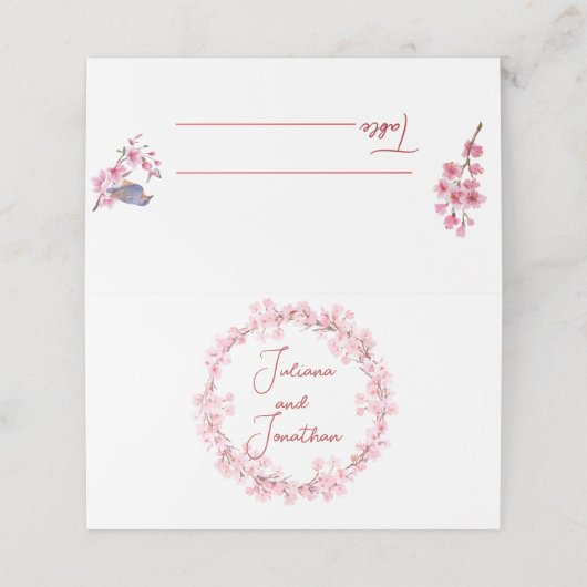 ピンクの花の水フェミニン色結婚の プレイスカード (外部開封)