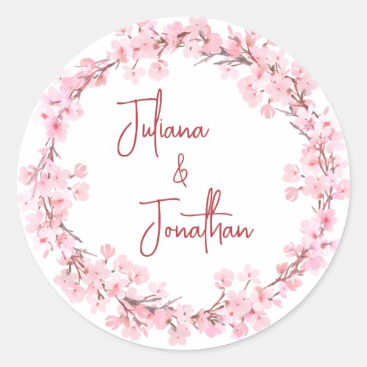 ピンクの花の水フェミニン色結婚の ラウンドシール (正面)