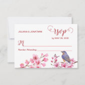 ピンクの花の水フェミニン色結婚の 出欠カード (正面)