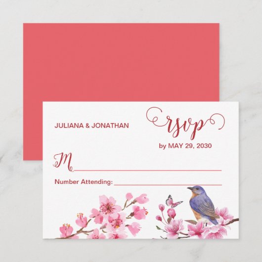 ピンクの花の水フェミニン色結婚の 出欠カード (正面/裏面)