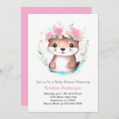 ピンクの花の水彩オッターデザインの女の子のベビーシャワー 招待状 (正面/裏面)