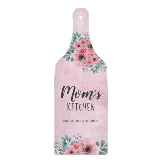 ピンクの花の水彩ガラス食器 カッティングボード (正面)