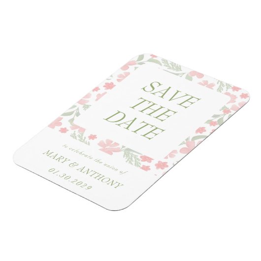 ピンクの花の水彩デザインの結婚式予定日マグネットを保存 マグネット (左側)