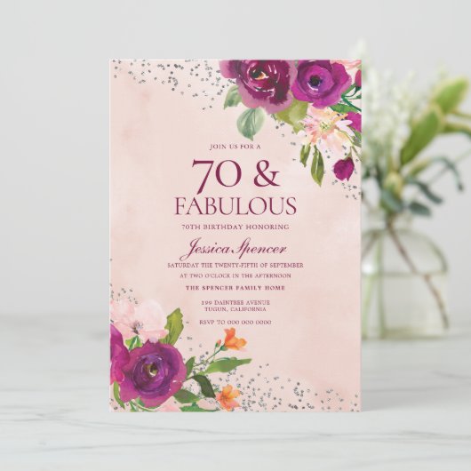 ピンクの花の水彩バックバースデーパーティー70th 招待状 (スタンド正面)