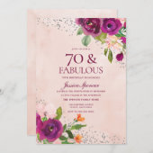 ピンクの花の水彩バックバースデーパーティー70th 招待状 (正面/裏面)