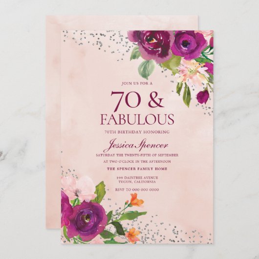 ピンクの花の水彩バックバースデーパーティー70th 招待状 (正面/裏面)
