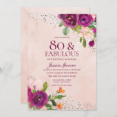 ピンクの花の水彩バックバースデーパーティー80th 招待状 (正面/裏面)