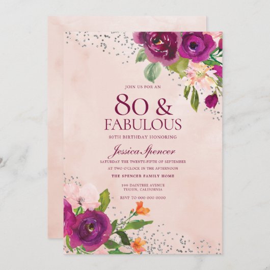 ピンクの花の水彩バックバースデーパーティー80th 招待状 (正面/裏面)