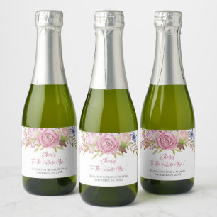 ピンクの花の水彩ボタニカル ブライダルシャワー ミニ スパークリングワインラベル