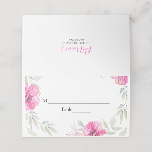ピンクの花の水彩植物ブライダルシャワー プレイスカード (外部開封)