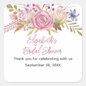 ピンクの花の水彩植物学のウェディングシャワー スクエアシール (正面)