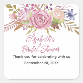 ピンクの花の水彩植物学のウェディングシャワー スクエアシール