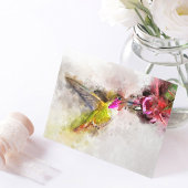 ピンクの花の水彩画でエサを食べるハチドリ ポストカード
