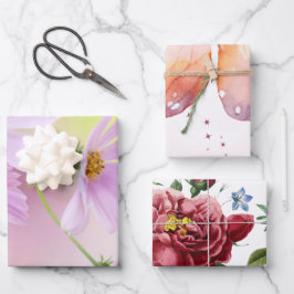 ピンクの花の水彩画とオリジナル画像 ラッピングペーパーシート