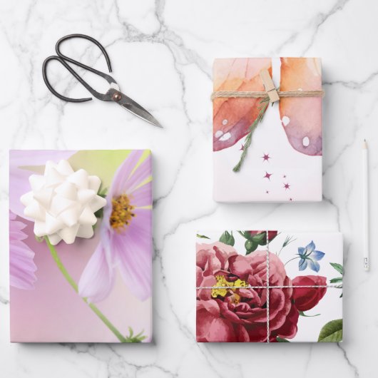 ピンクの花の水彩画とオリジナル画像 ラッピングペーパーシート (正面)