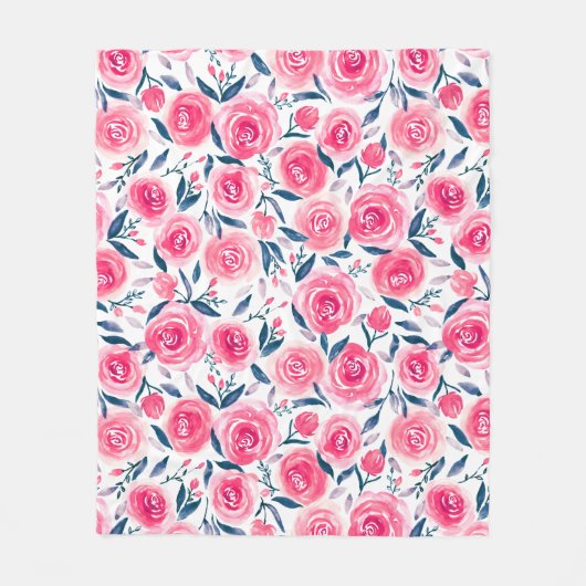 ピンクの花の水彩画のバラパターン フリースブランケット (正面)