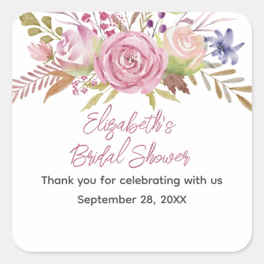 ピンクの花の水彩画の植物学的なデザインの花嫁のシャワー スクエアシール (正面)