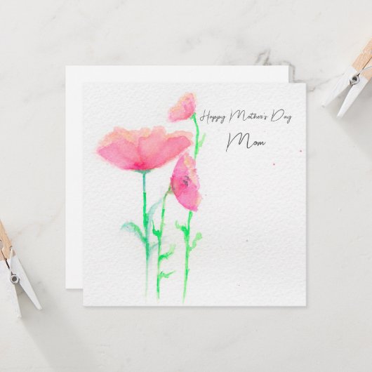 ピンクの花の水彩画の母の日カード カード (正面/裏面インサイチュ)