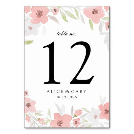 ピンクの花の水彩画の結婚式のテーブル数カード テーブルナンバー