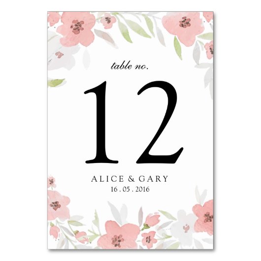ピンクの花の水彩画の結婚式のテーブル数カード テーブルナンバー (正面)