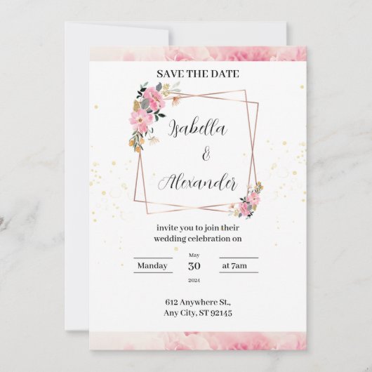 ピンクの花の水彩画ウェディング招待状 招待状 (正面)