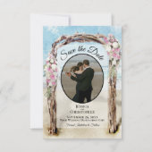 ピンクの花の水彩画ビーチアーバーと写真の結婚式 セーブザデート (正面)