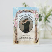 ピンクの花の水彩画ビーチアーバーと写真の結婚式 セーブザデート (スタンド正面)