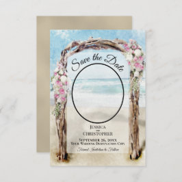 ピンクの花の水彩画ビーチアーバーと写真の結婚式 セーブザデート