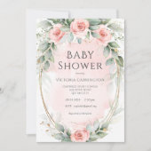 ピンクの花の水彩画ベビーガールシャワー 招待状 (正面)