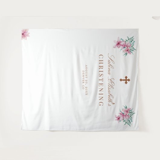 ピンクの花の水彩画 キリスト洗礼写真小道具 タペストリー (正面(横))
