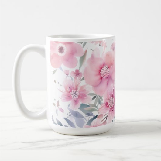 ピンクの花の水彩画 コーヒーマグカップ (左)