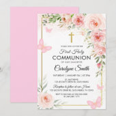 ピンクの花の水彩画 ファーストホーリーコミュニオン 招待状 (正面/裏面)