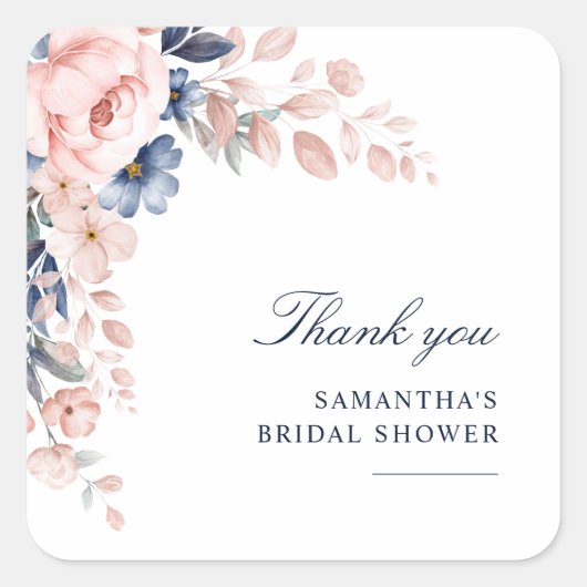 ピンクの花の水彩画 ブライダルシャワーのお礼 スクエアシール (正面)