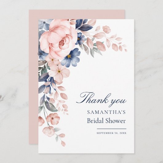 ピンクの花の水彩画 ブライダルシャワー サンキューカード (正面/裏面)