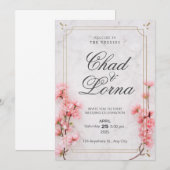 ピンクの花の水彩画 結婚式 招待状 カード (正面/裏面)