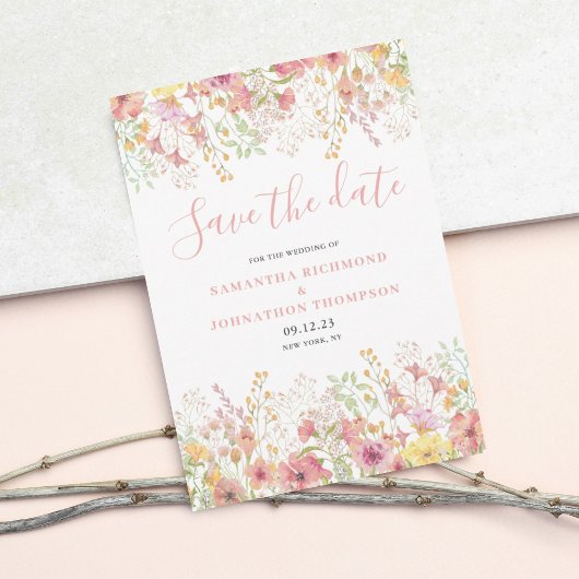 ピンクの花の水彩画 Save The Date セーブザデート